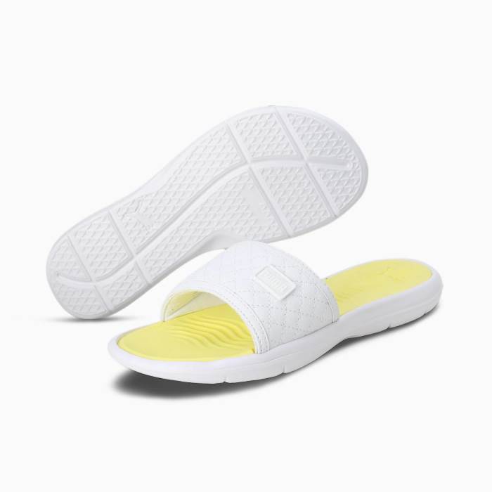 Puma Brand Womens Quilt Slides Flipflop 390943 01 (White/Yellow)