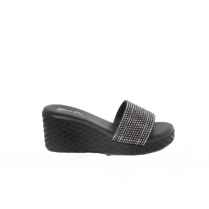 Green Cap Brand Womens Ethnic Casual Wedges Slipons Sandal M57-48 (Black)